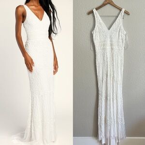 Simple Romance White Beaded Sequin Mermaid Maxi Dress